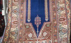 Hand made double knotted Turkish Kayseri wool carpet. Unusually intense blue, very finely woven, Large sized prayer rug.