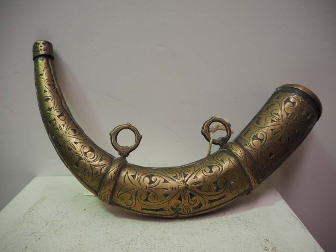 Ottoman Period Engraved & fretted brass powder horn, 19th century