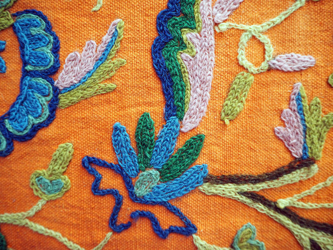Very finely embroidered wool on hand-loomed cotton dowry piece, Early 20th century